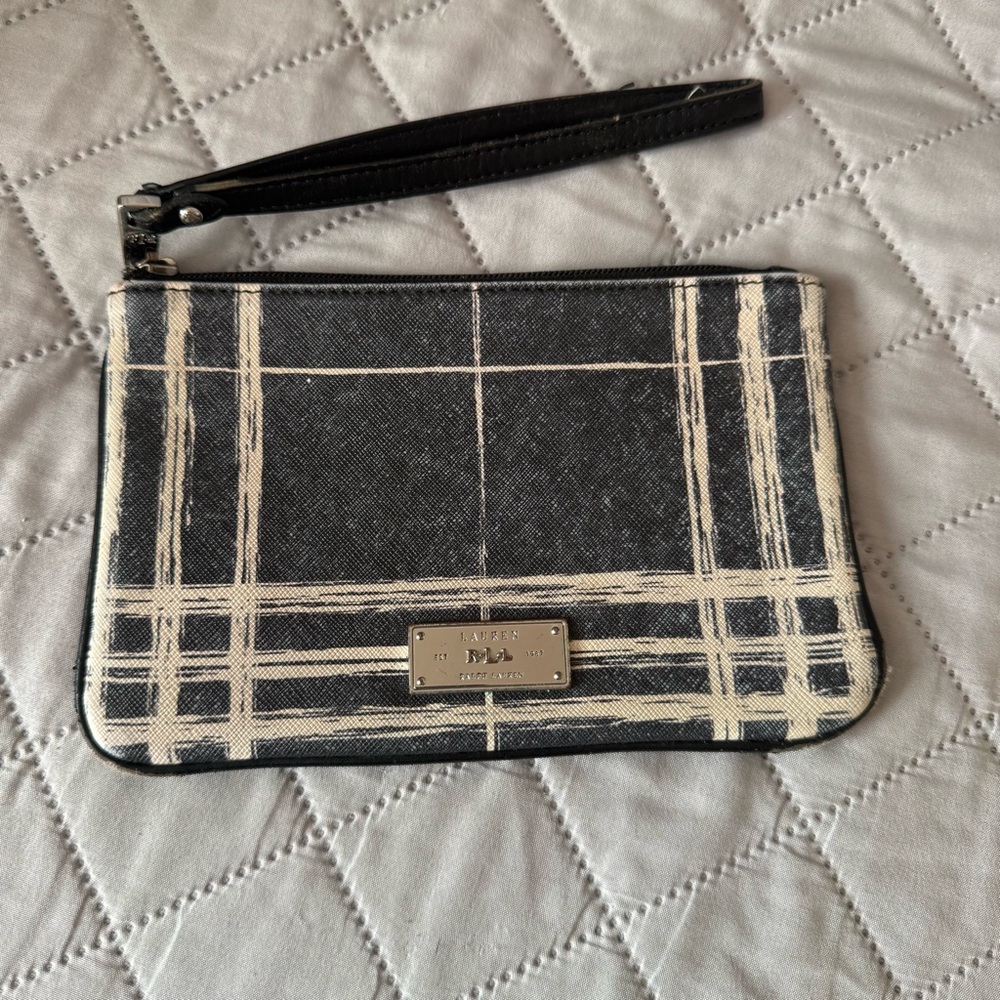 RALPH LAUREN Black & Cream Strips SWAN-FIELD Leather Strap Cosmetic Pouch